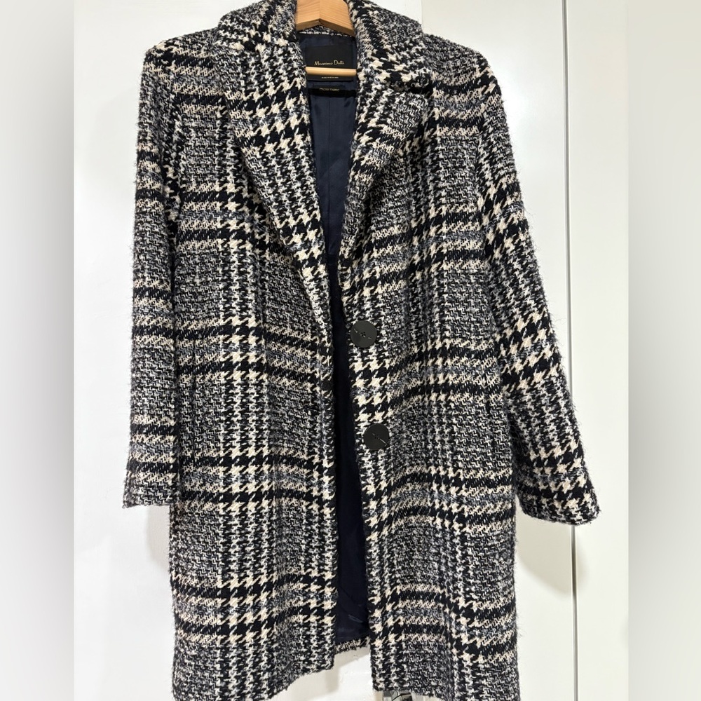 Massimo Dutti Navy, Black, and White Checkered Pea Coat